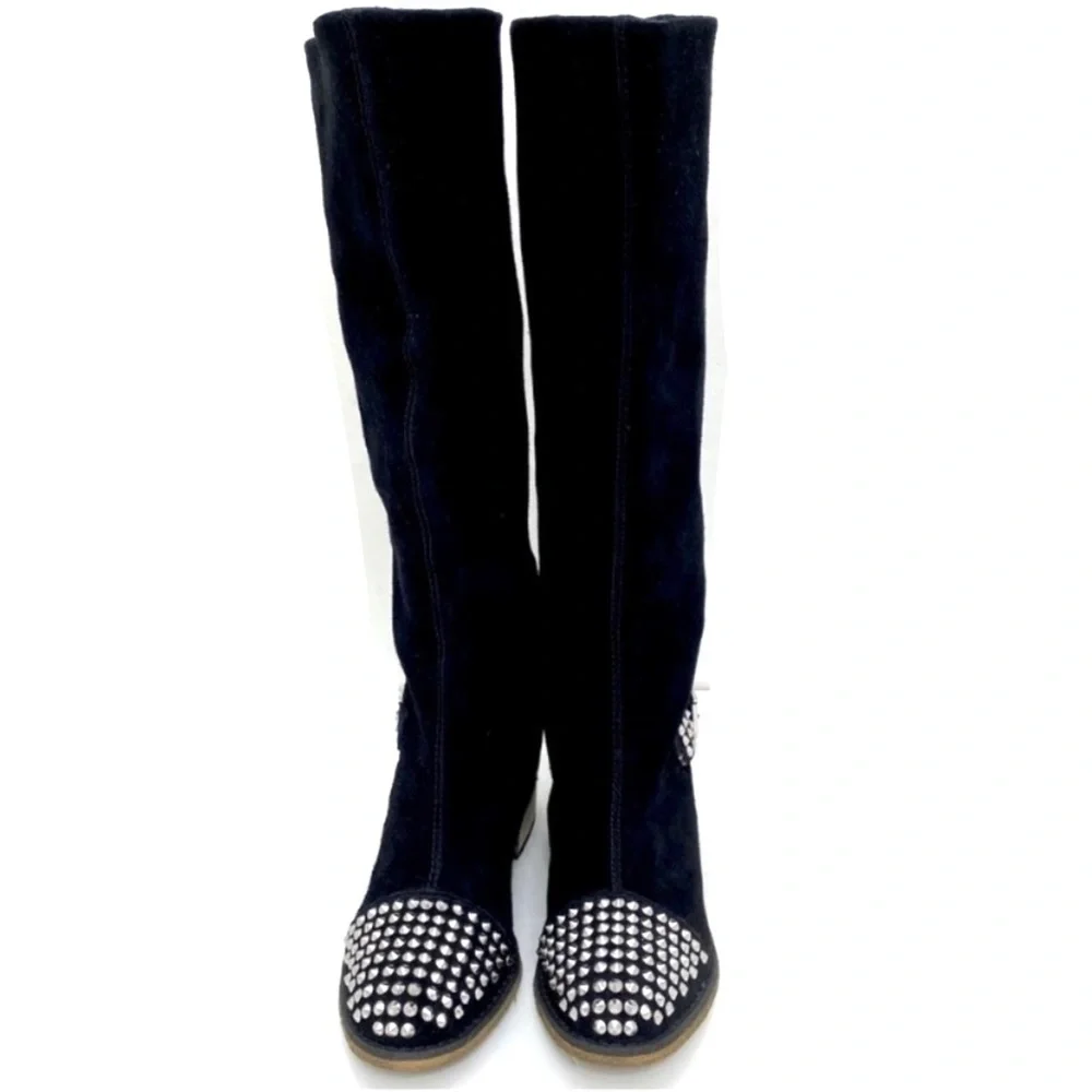 KELSI Dagger Studded Cup toe Rover Suede Knee High Riding Moto Boot in Black
